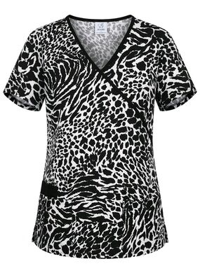 B Scrubs Women's Black & White Animal Print V-Neck Scrub Top #573